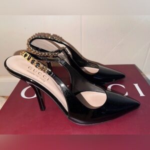 Gucci Signoria Slingback Formal Evening Pump Shiny Black Leather Women’s Size 5